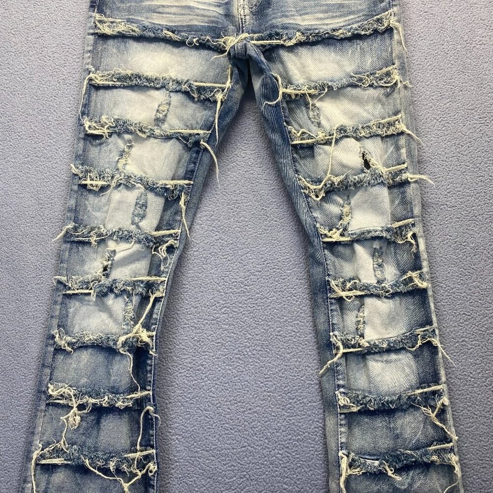 SPARK PREMIUM 29X38 Stretch Ripped Distressed Flare Fit Stacked Denim Jeans - Picture 14 of 14
